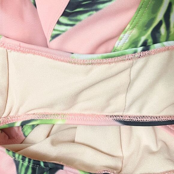 Albion Waikiki One Piece Swimsuit Pink Green Leaf Print Lace Up Back Size Medium - Picture 11 of 14